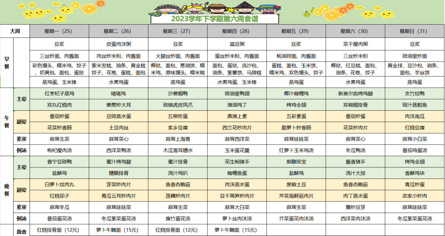 2023-2024学年下学期第六周食谱