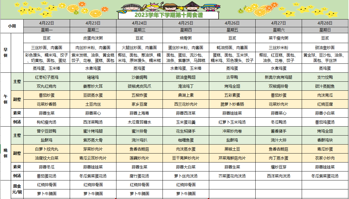 2023-2024学年下学期第十周食谱