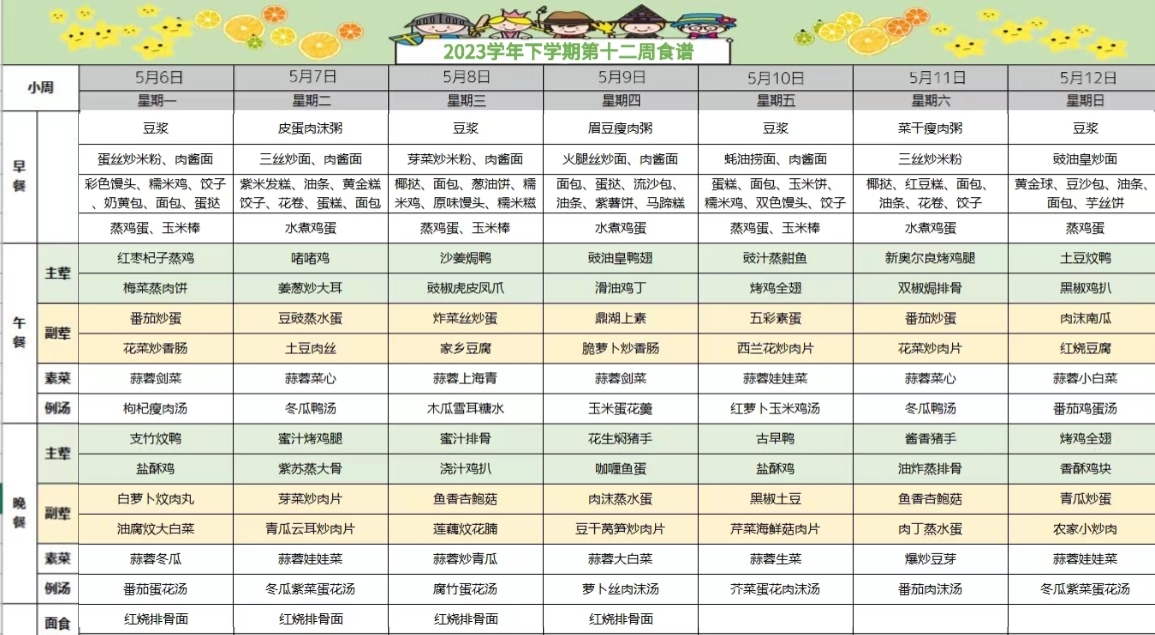 2023学年下学期第十二周食谱