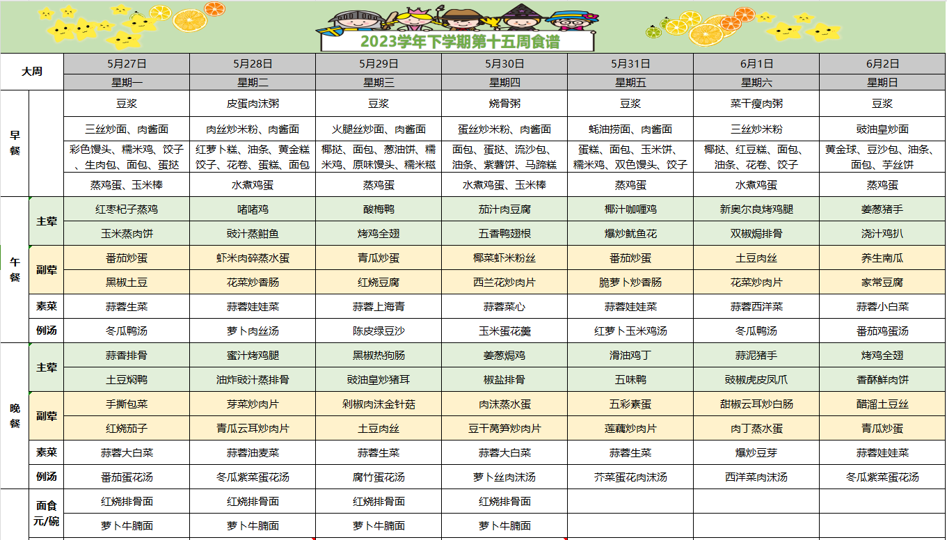 2023-2024学年下学期第十五周食谱
