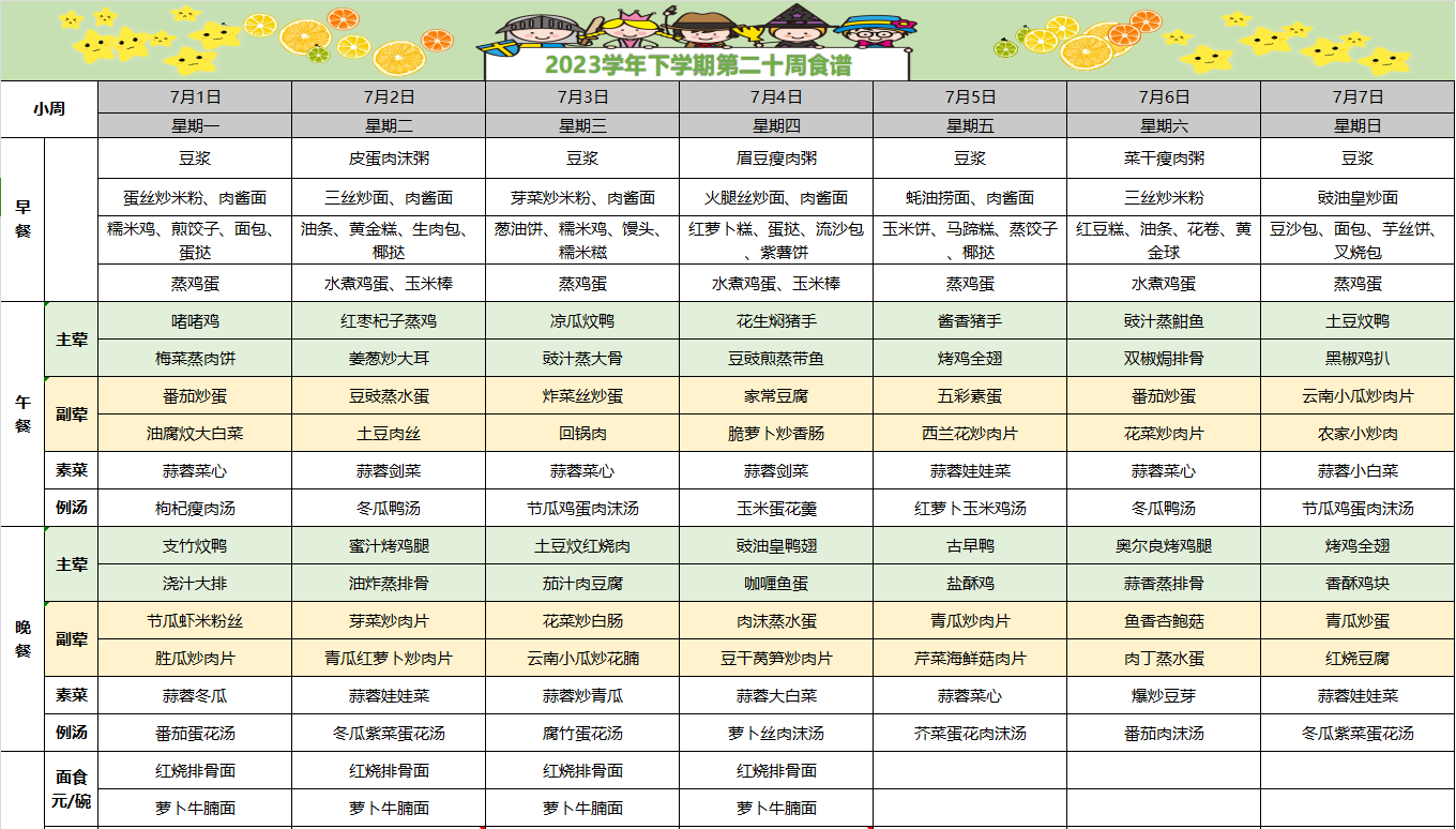 2023-2024学年下学期第二十周食谱