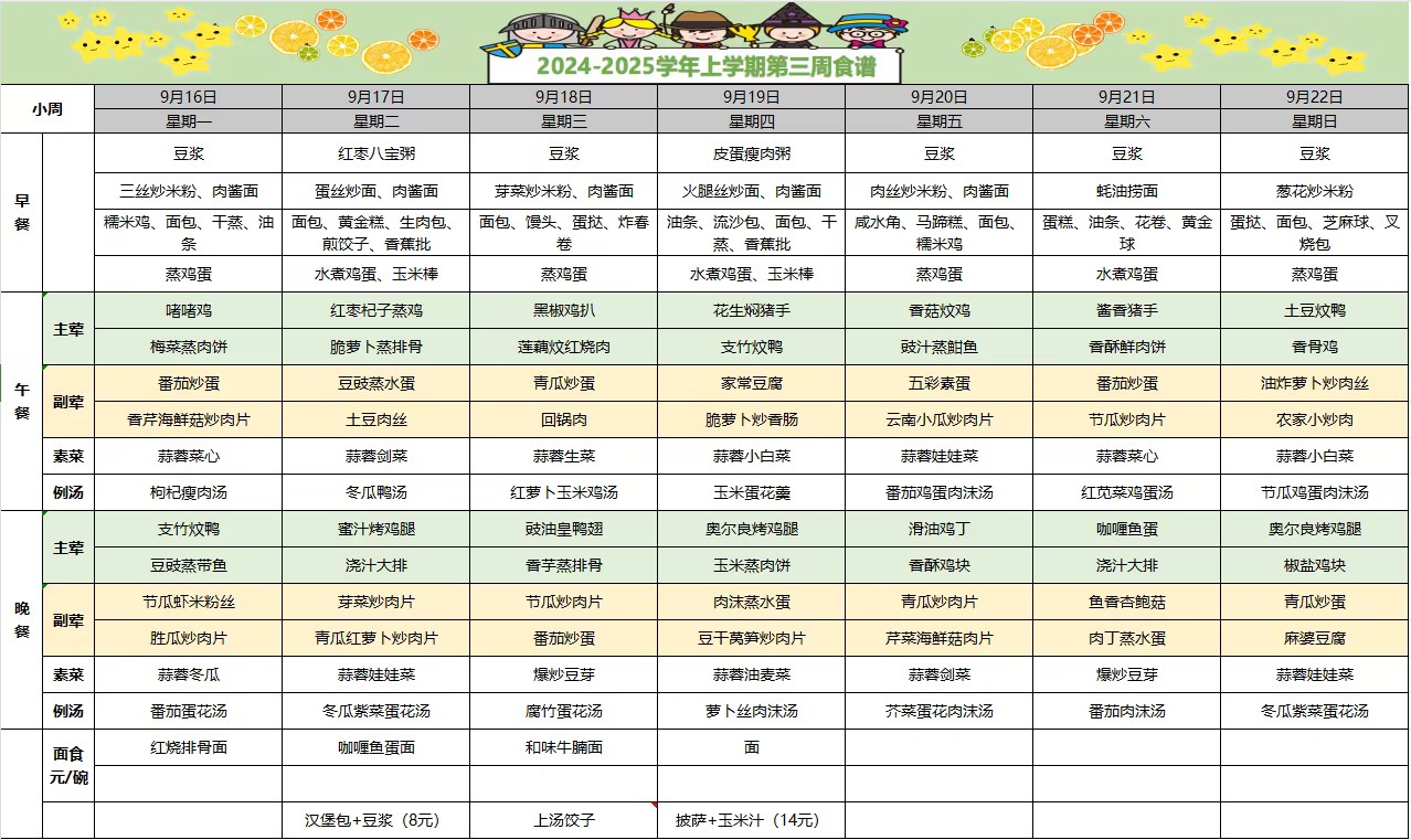 2024-2025学年上学期第三周食谱