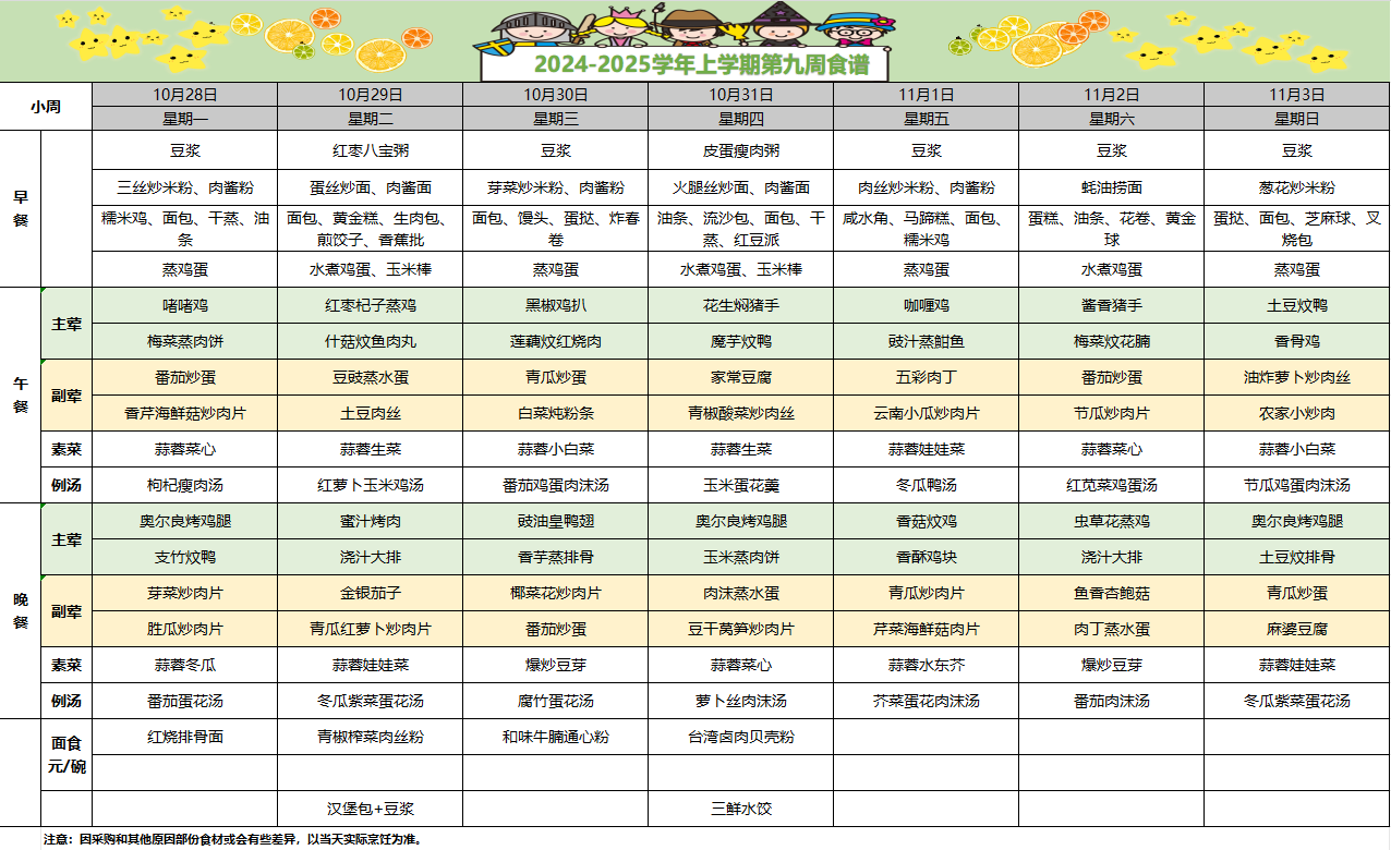 2024-2025学年上学期第九周食谱