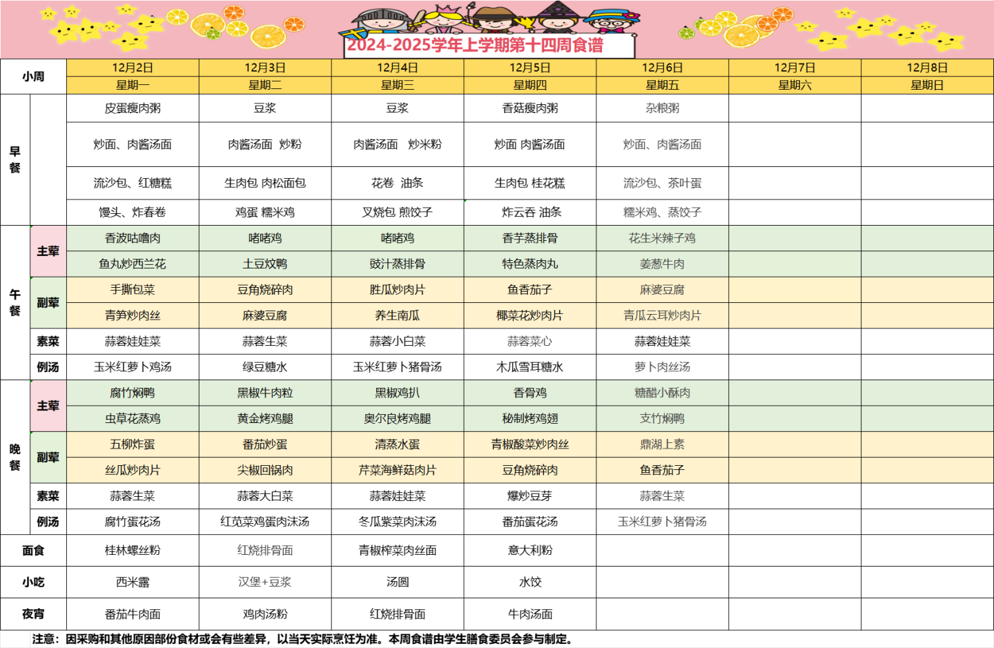 2024-2025学年上学期第十四周食谱