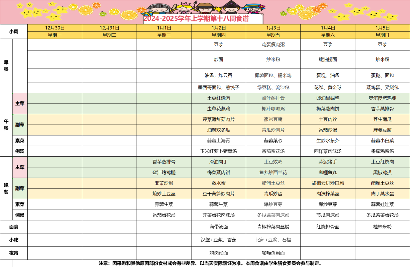 2024-2025学年上学期第十八周食谱