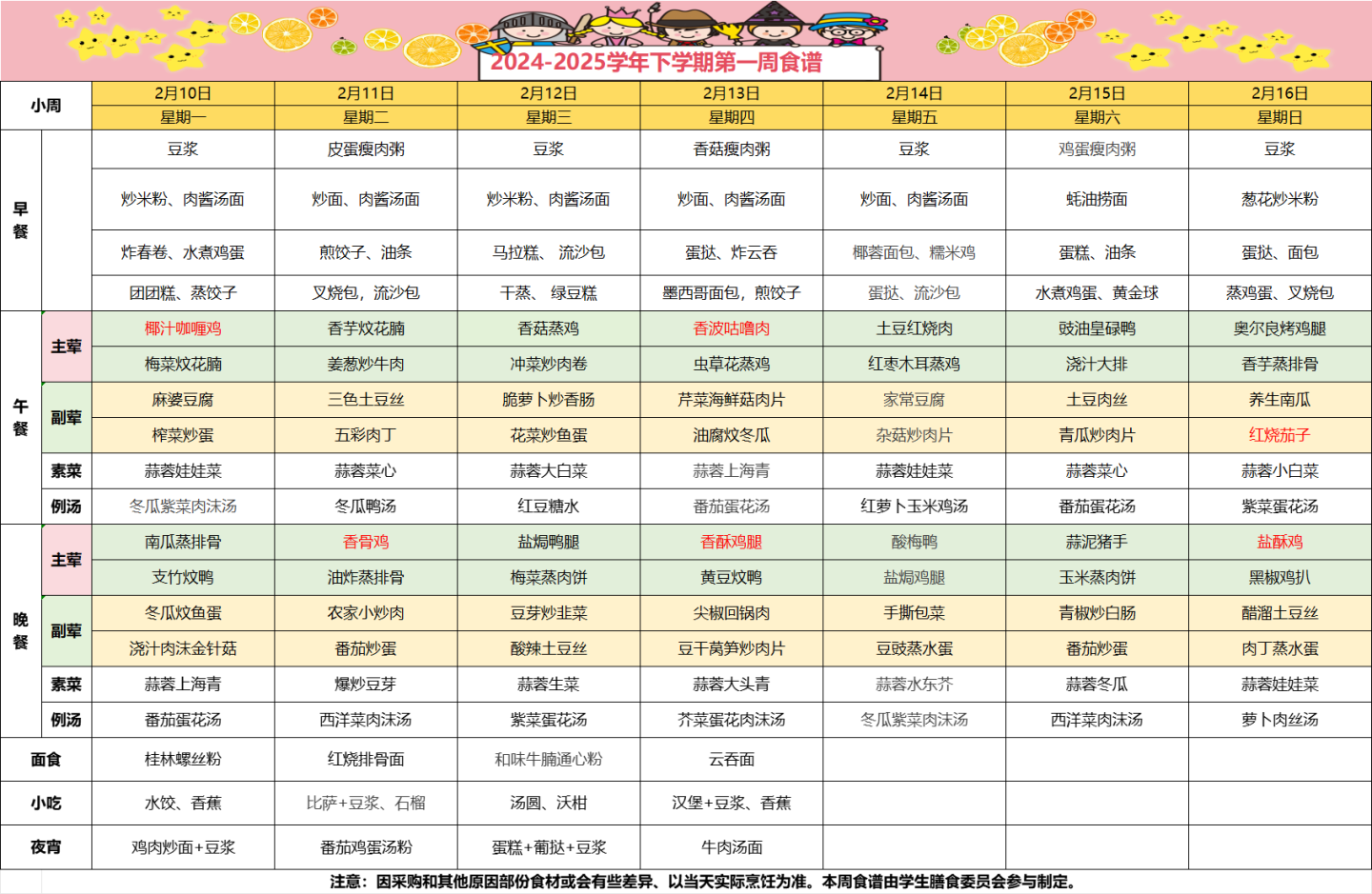 2024-2025学年下学期第一周食谱