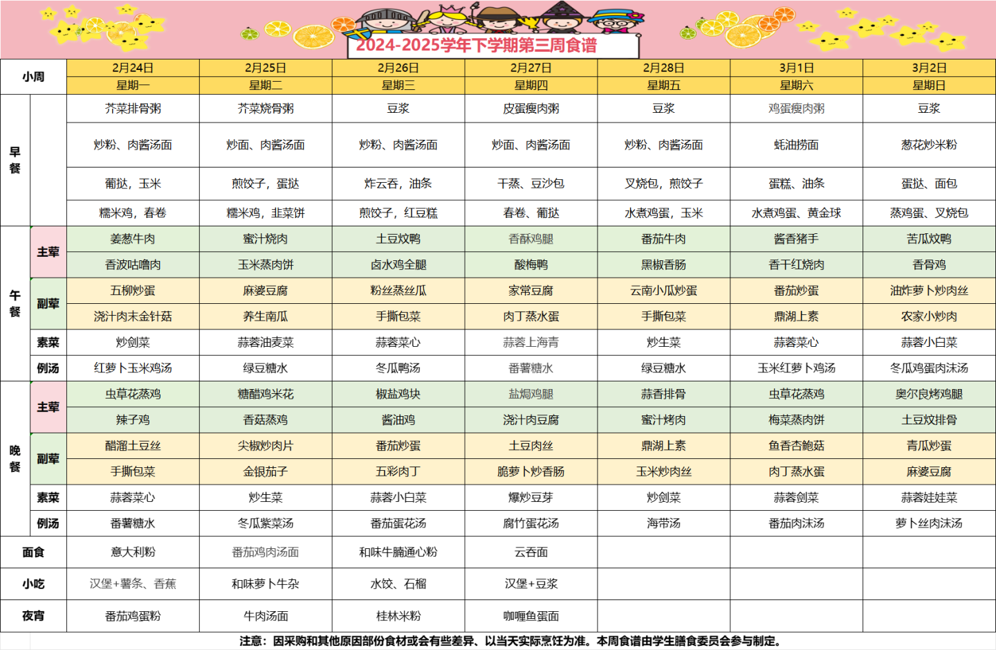 2024-2025学年下学期第三周食谱