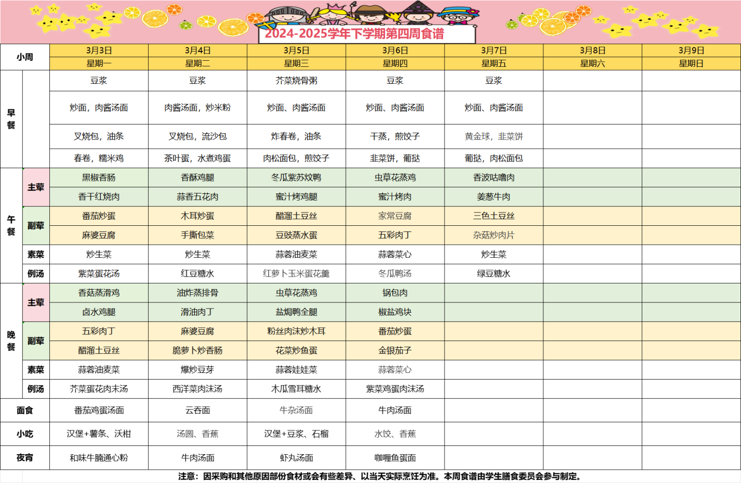 2024-2025学年下学期第四周食谱