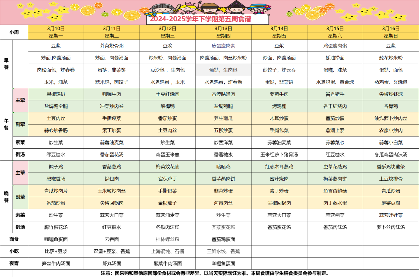 2024-2025学年下学期第五周食谱