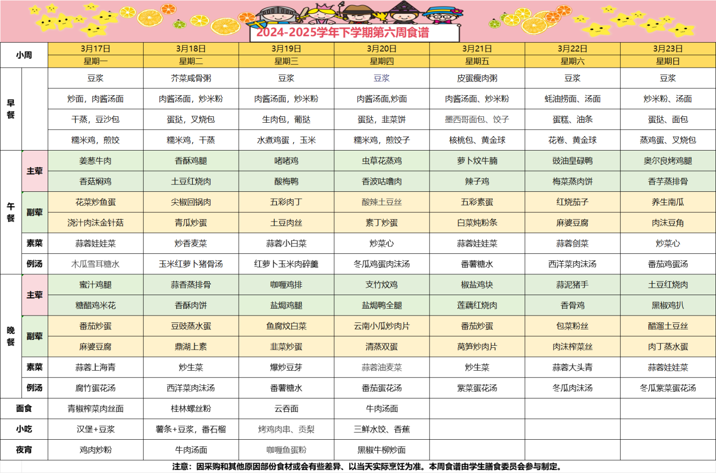2024-2025学年下学期第六周食谱