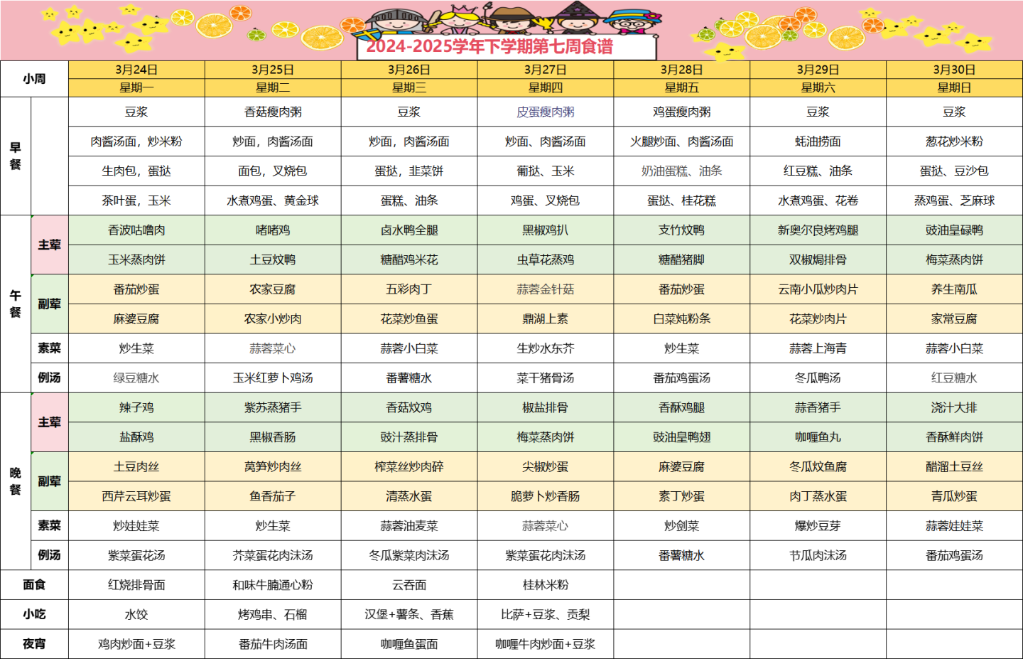 2024-2025学年下学期第七周食谱