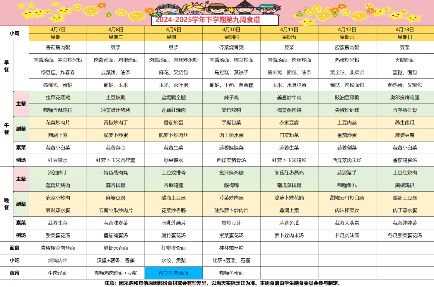2024-2025学年下学期第九周食谱
