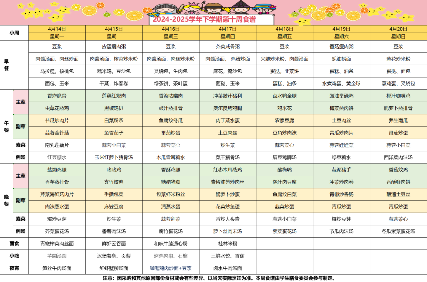 2024-2025学年下学期第十周食谱