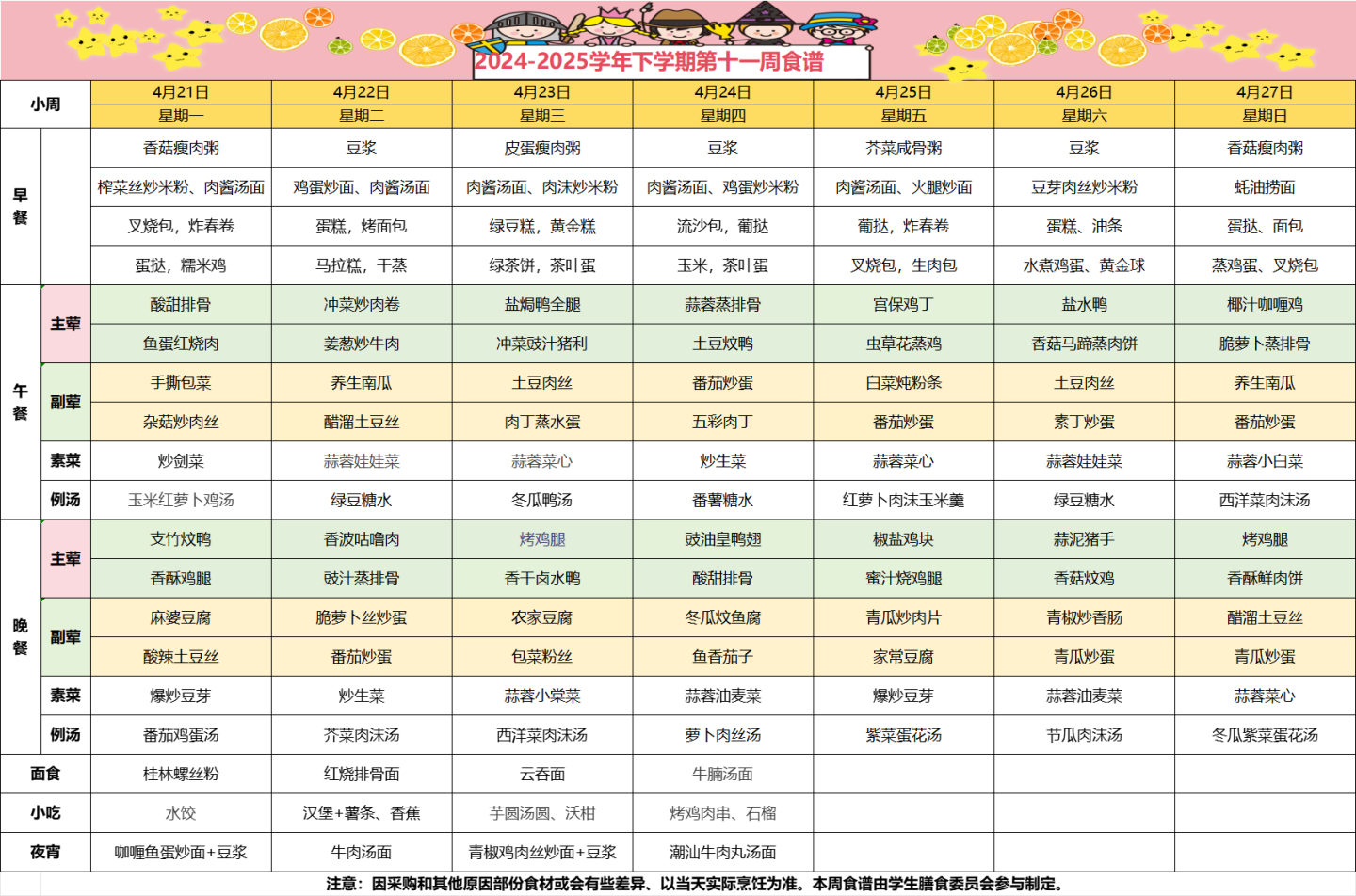 2024-2025学年下学期第十一周食谱