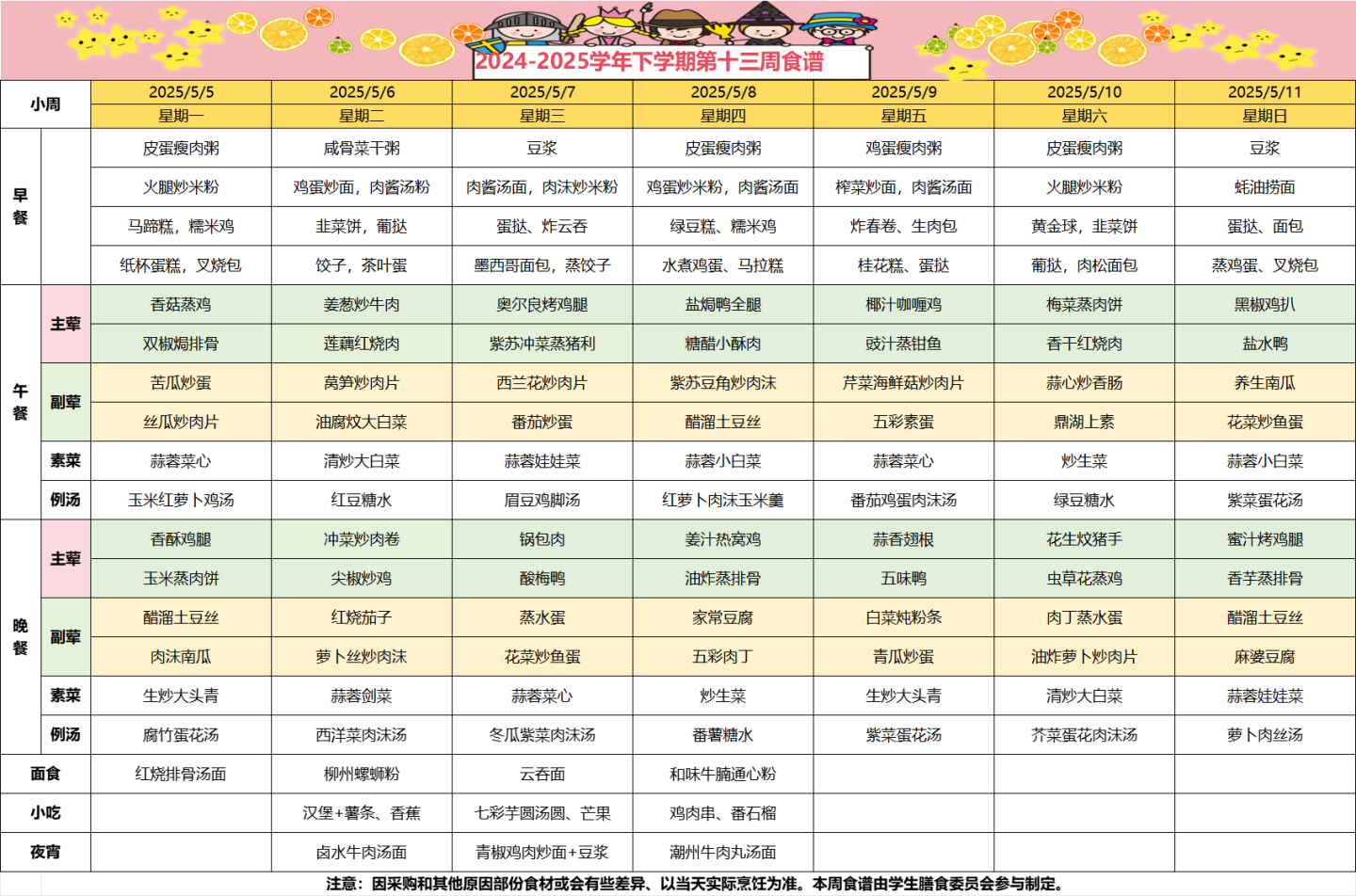 2024-2025学年下学期第十三周食谱