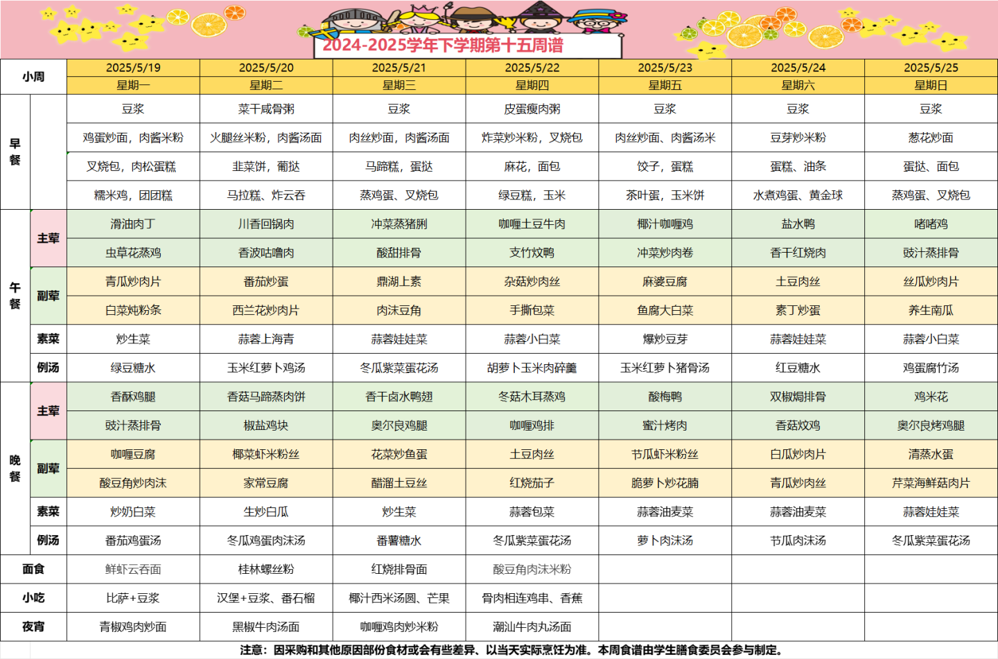 2024-2025学年下学期第十五周食谱