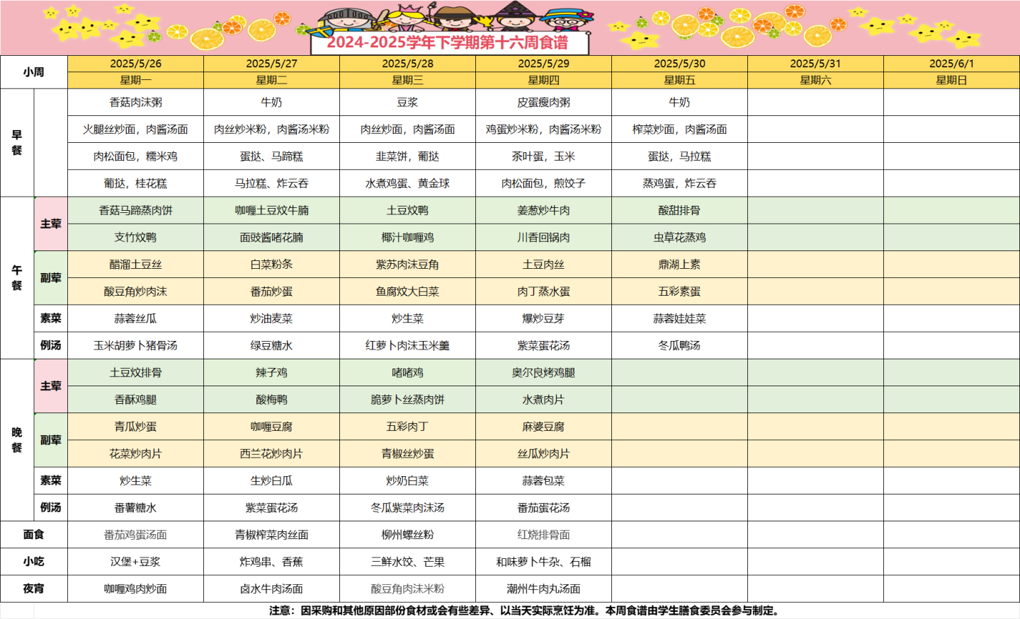 2024-2025学年下学期第十六周食谱