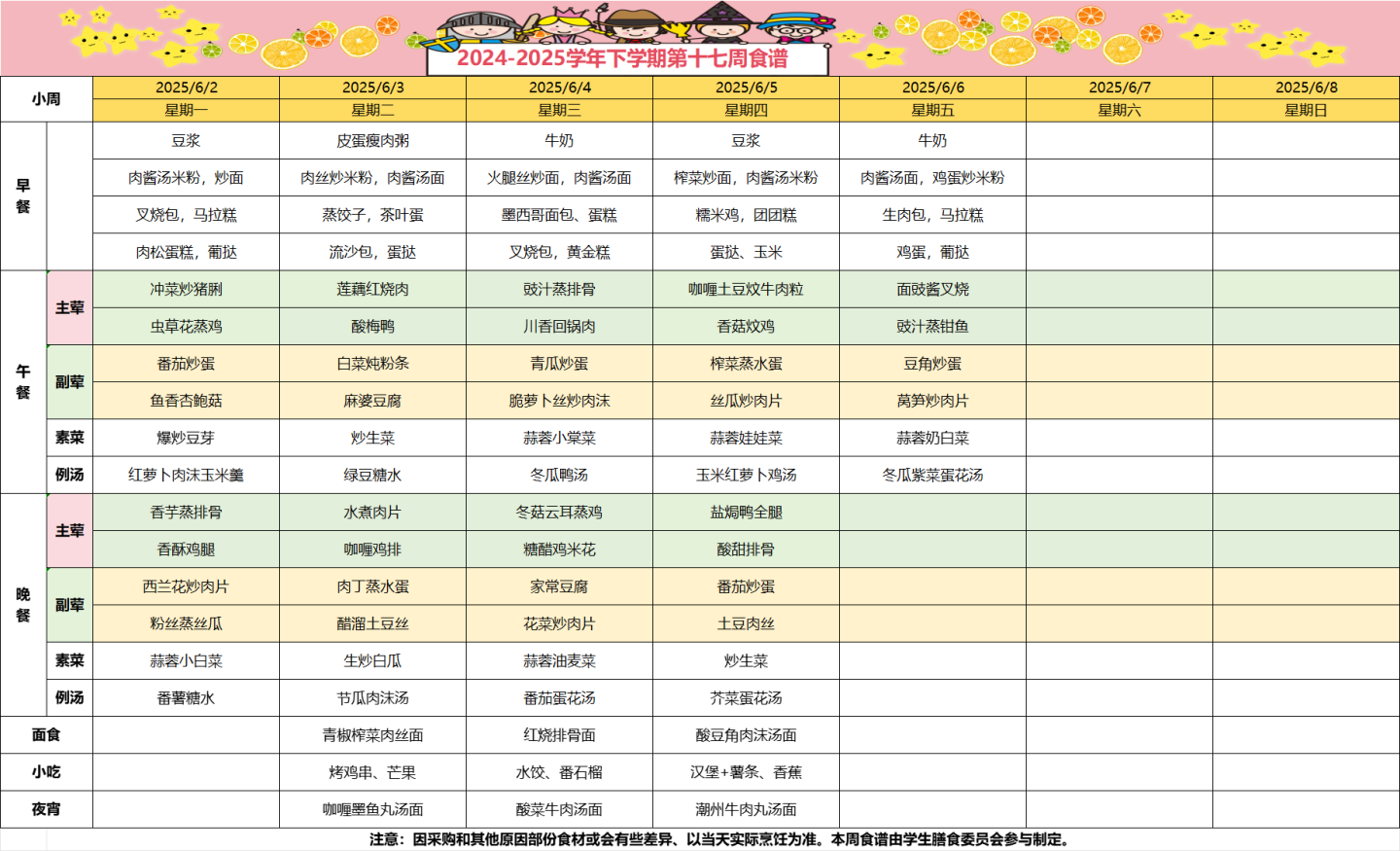 2024-2025学年下学期第十七周食谱