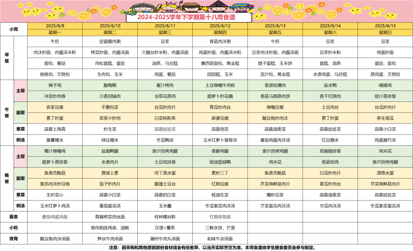 2024-2025学年下学期第十八周食谱