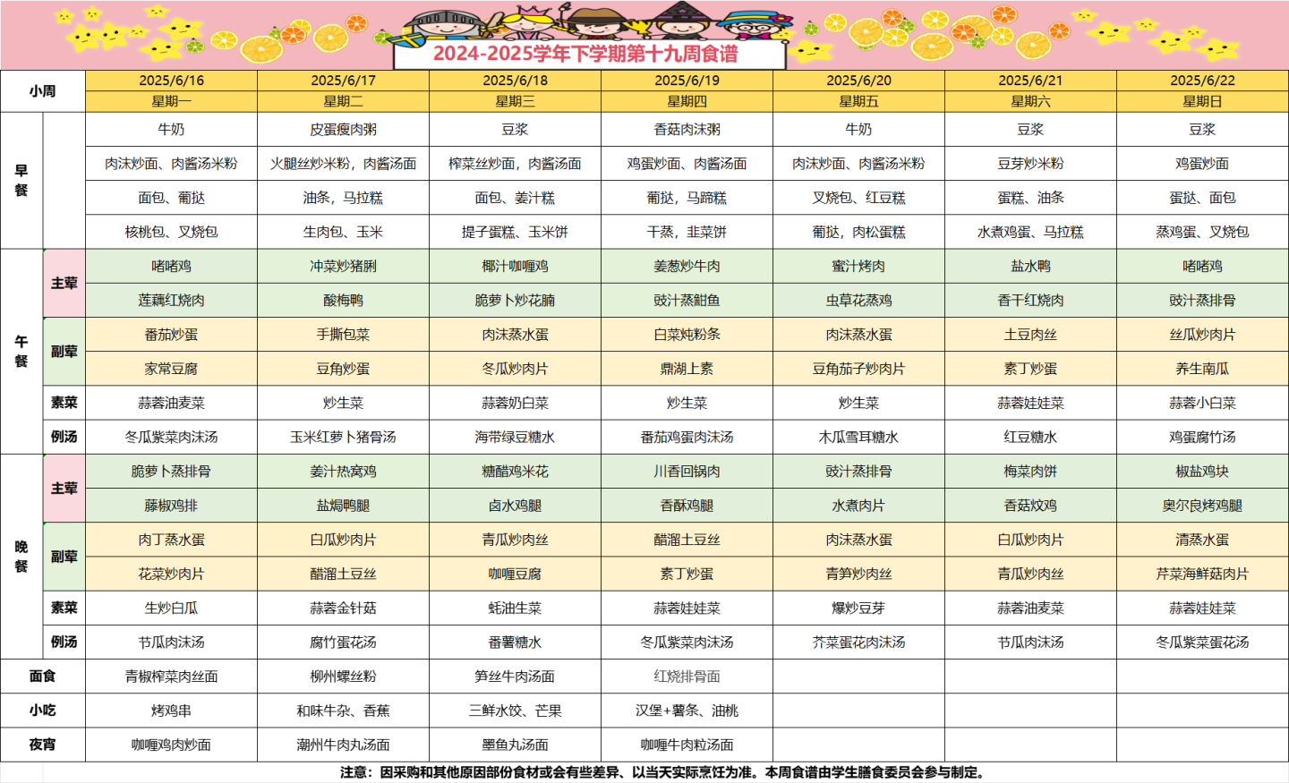 2024-2025学年下学期第十九周食谱
