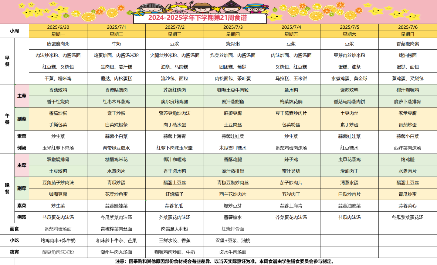 2024-2025学年下学期第二十一周食谱