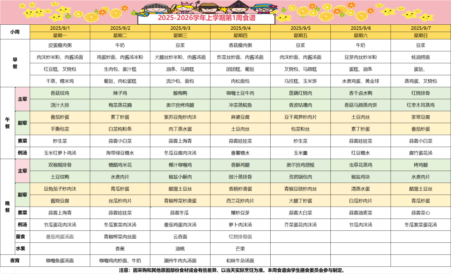 2025-2026学年上学期第一周食谱