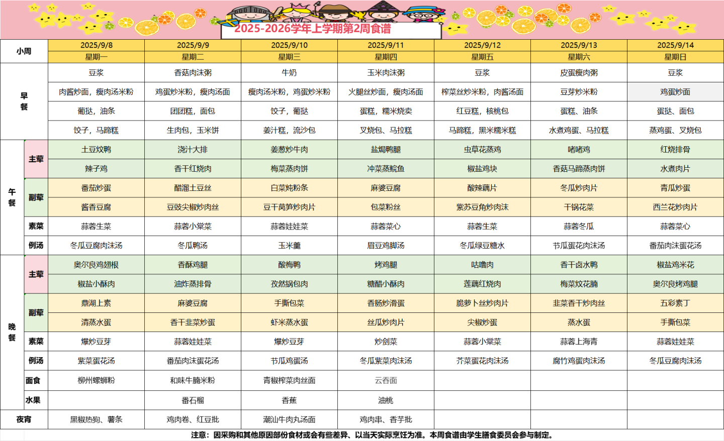 2025-2026学年上学期第二周食谱