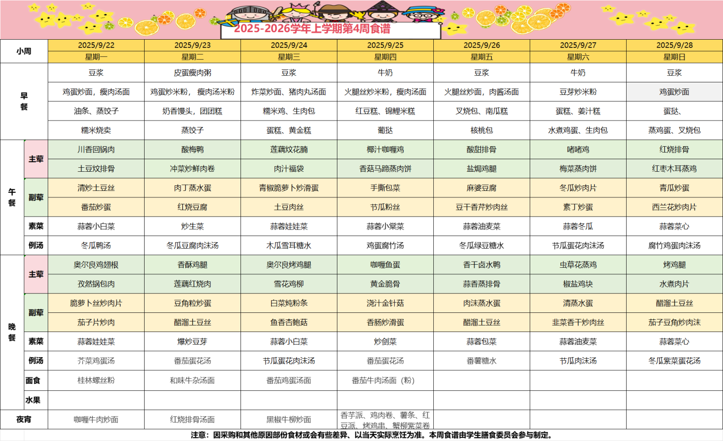 2025-2026学年上学期第四周食谱