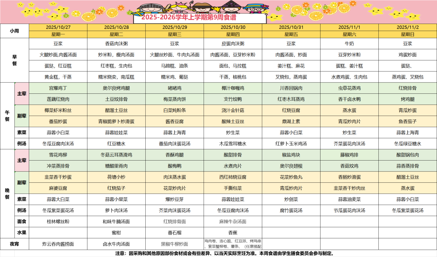 2025-2026学年上学期第九周食谱