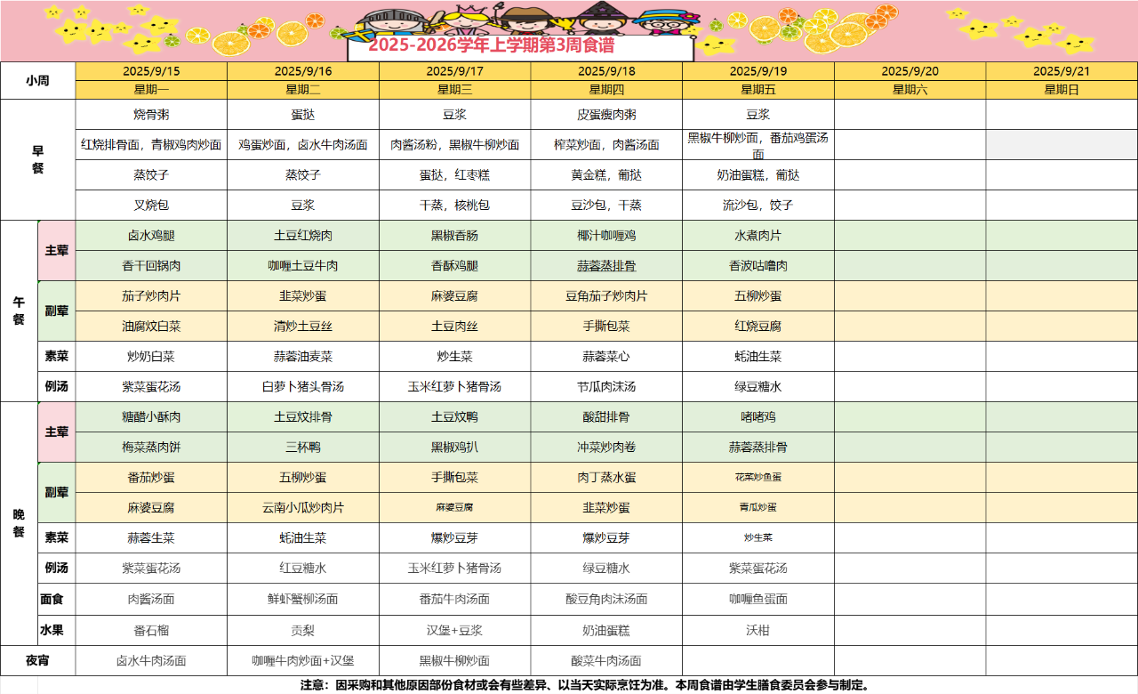 肇庆市荣源龙高级中学2025-2026学年上学期第三周食谱