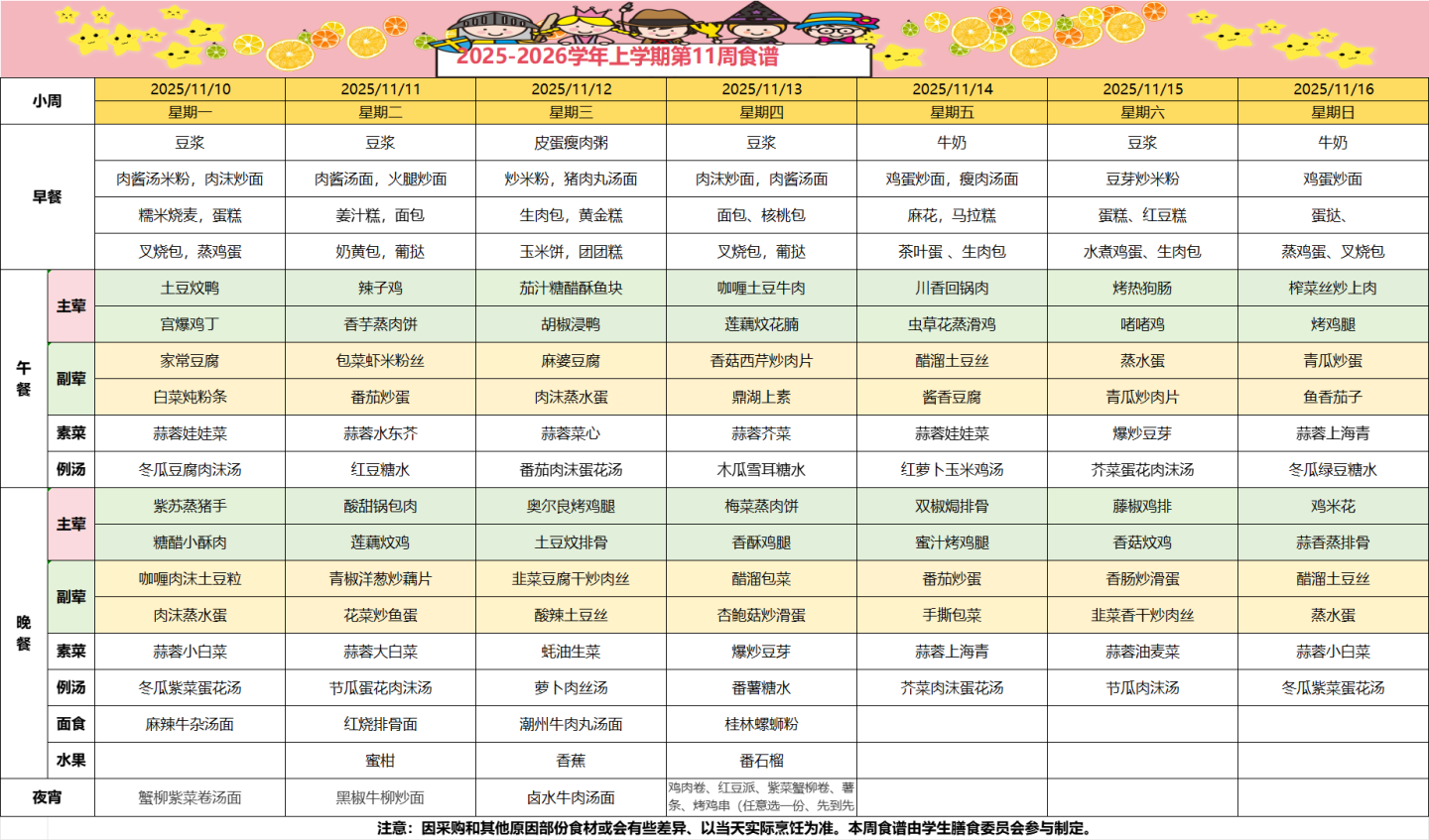 2025-2026学年上学期第11周食谱