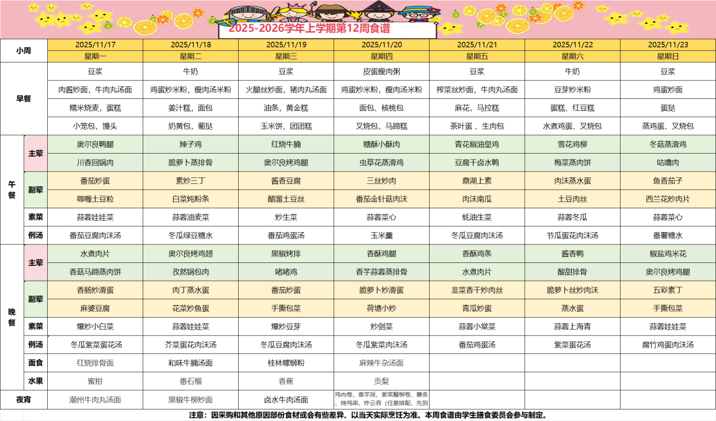 2025-2026学年上学期第12周食谱