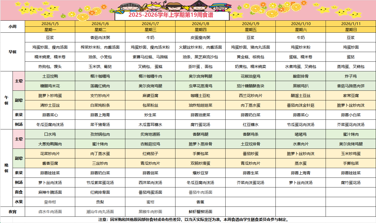 2025-2026学年上学期第十九周食谱