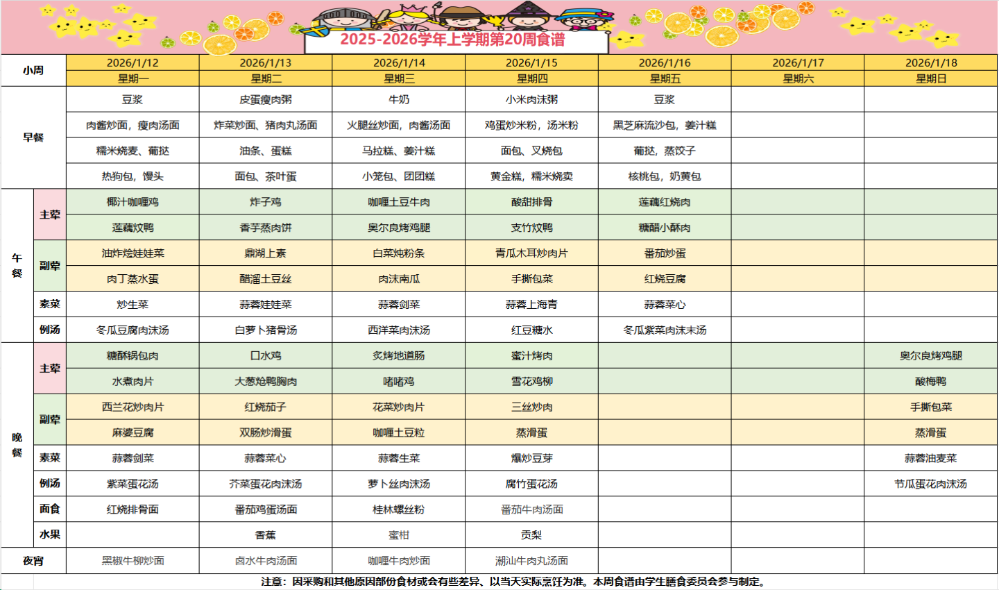 2025-2026学年上学期第二十周食谱