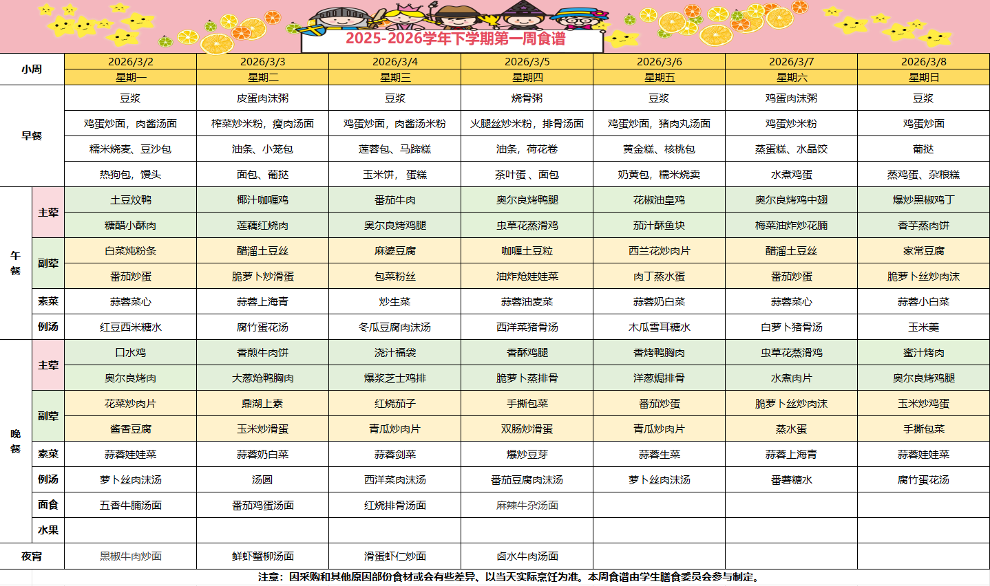 2025-2026学年下学期第一周食谱