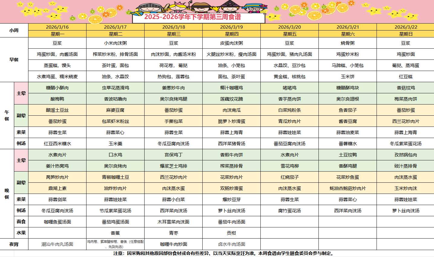 2025-2026学年下学期第三周食谱