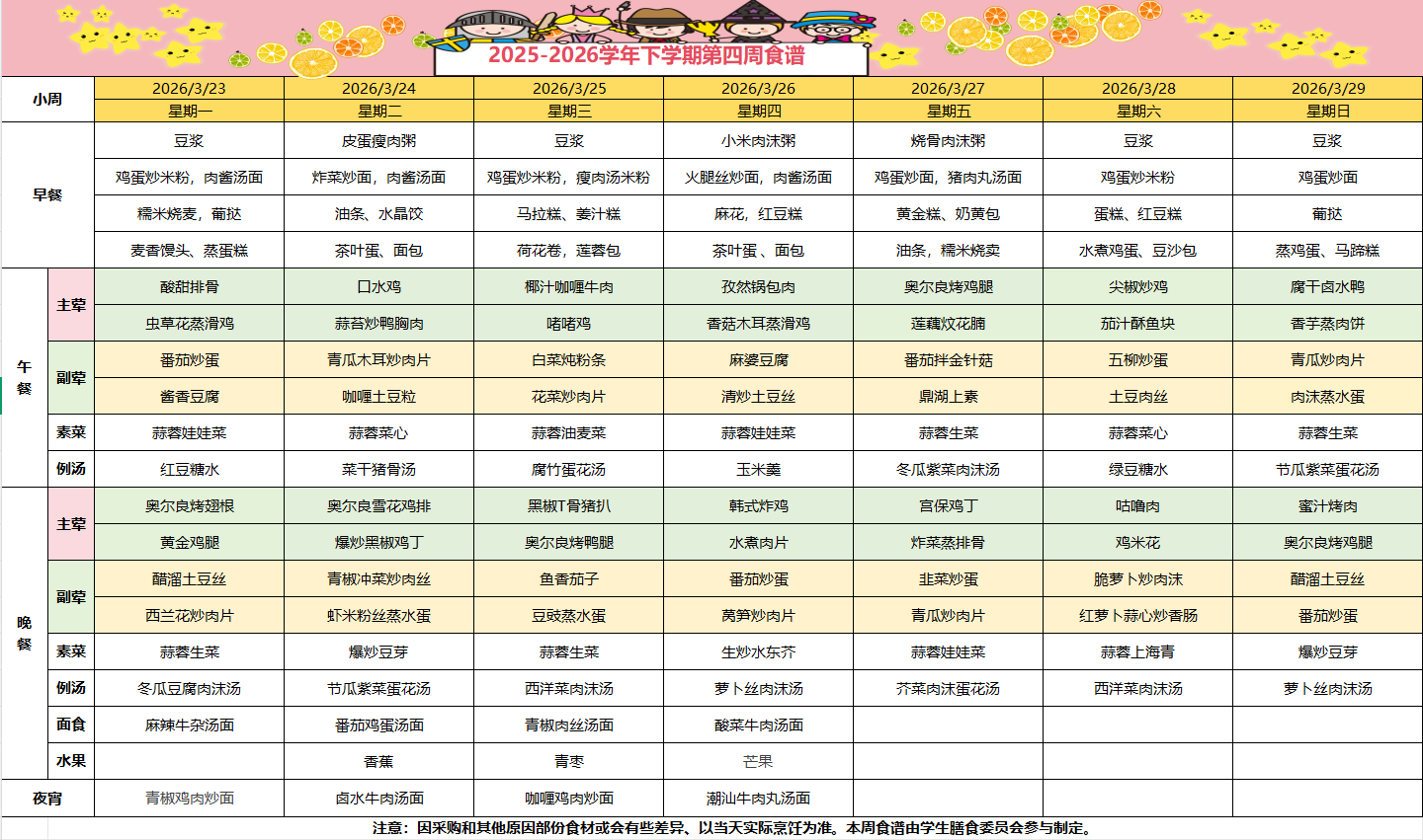 2025-2026学年下学期第四周食谱