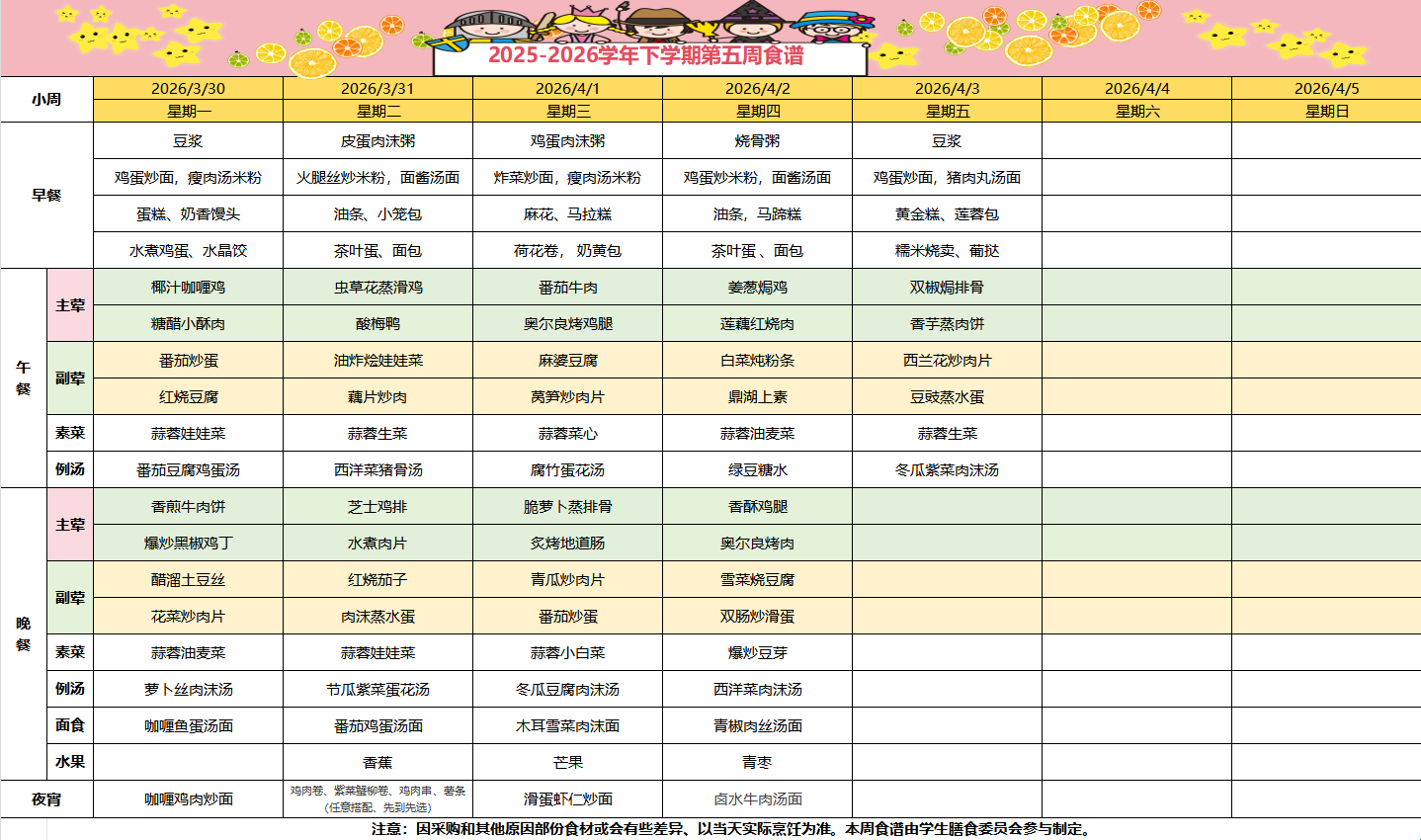 2025-2026学年下学期第五周食谱