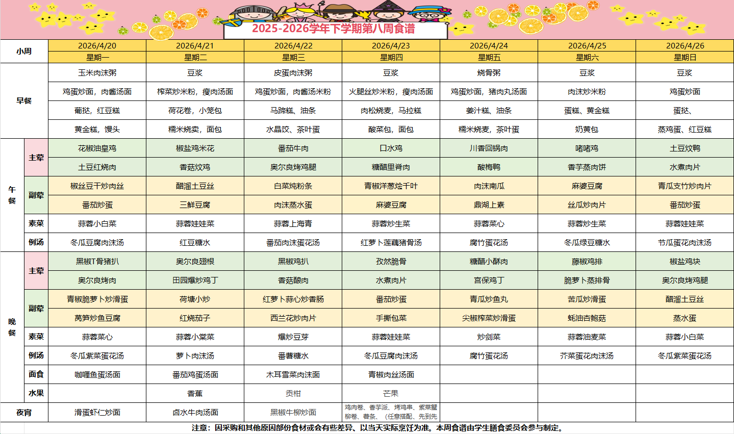 2025-2026学年下学期第八周食谱