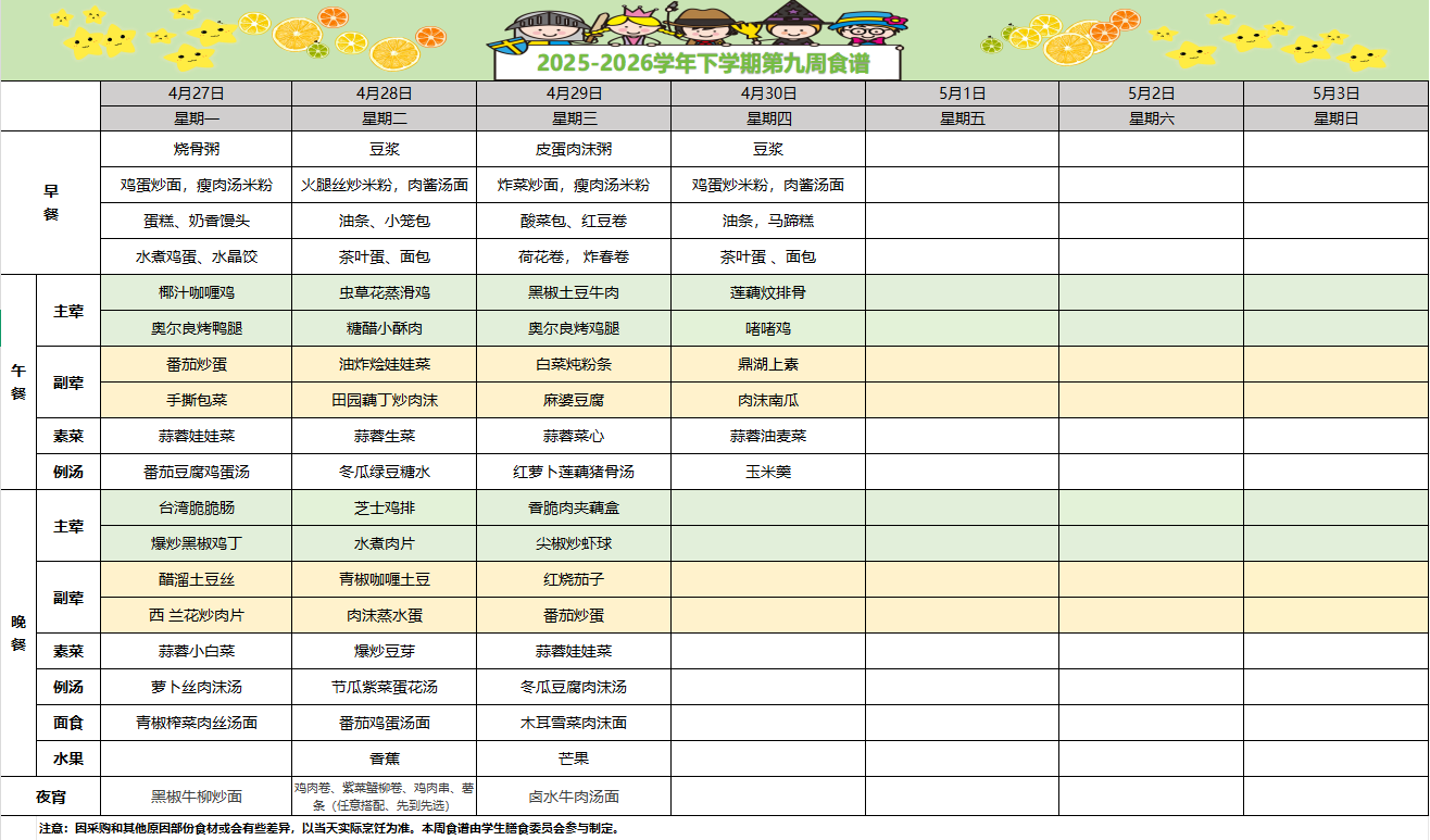 2025-2026学年下学期第九周食谱