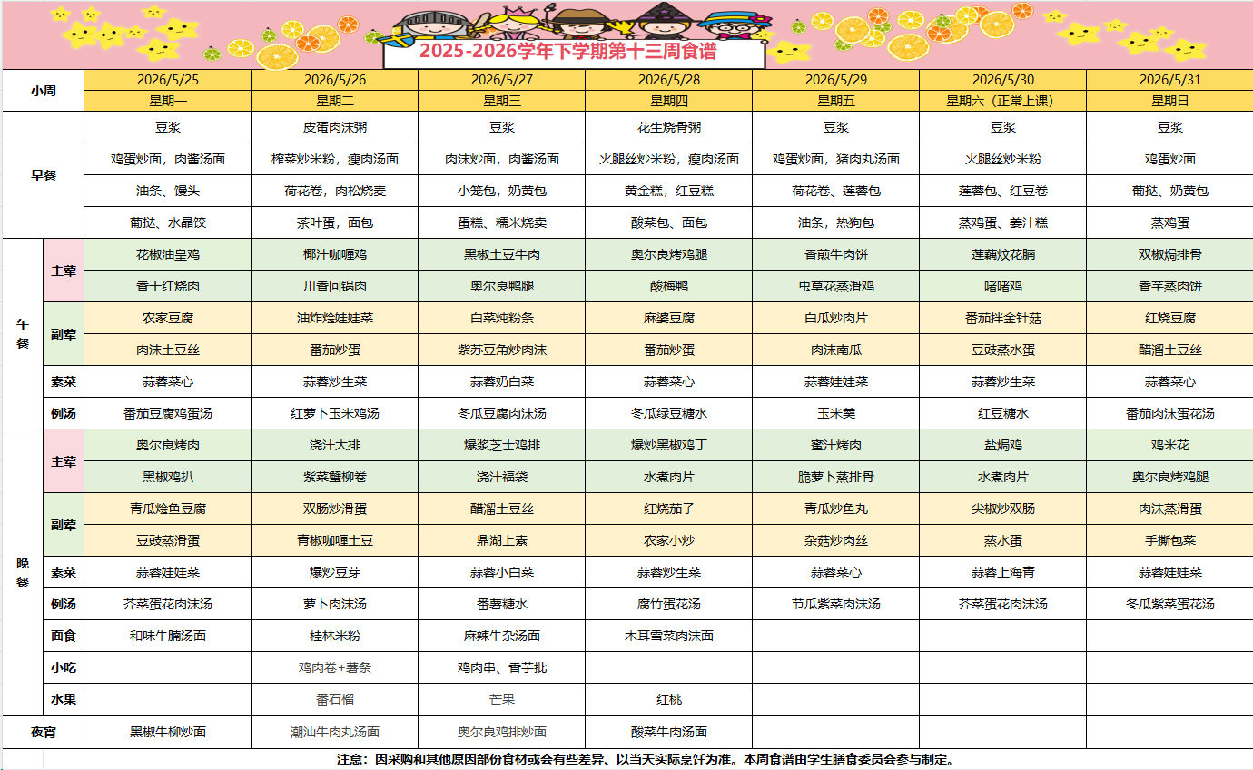 2025-2026学年下学期第十三周食谱