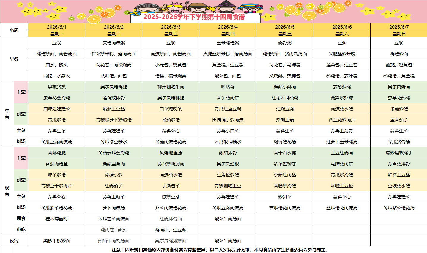 2025-2026学年下学期第十四周食谱
