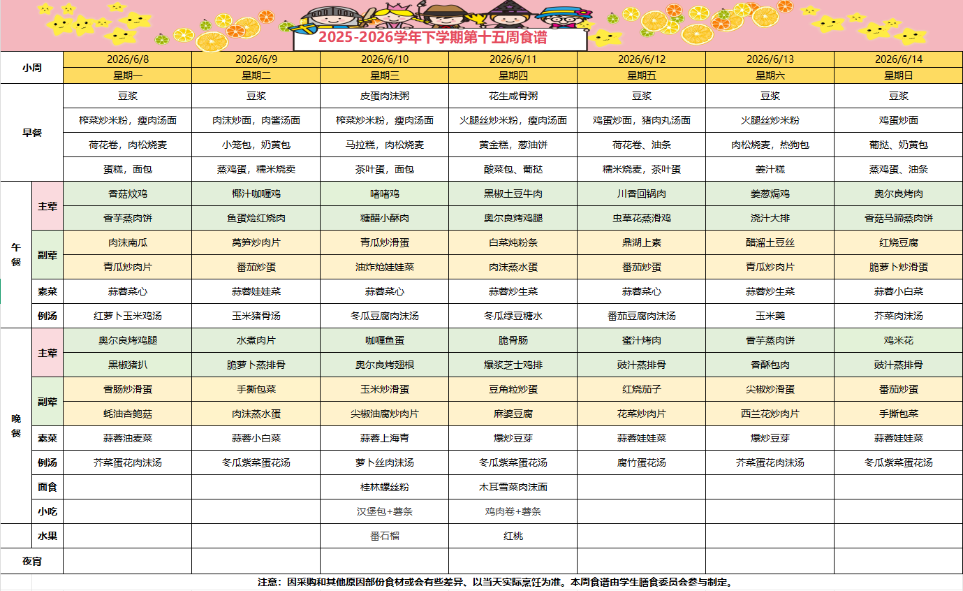 2025-2026学年下学期第十五周食谱