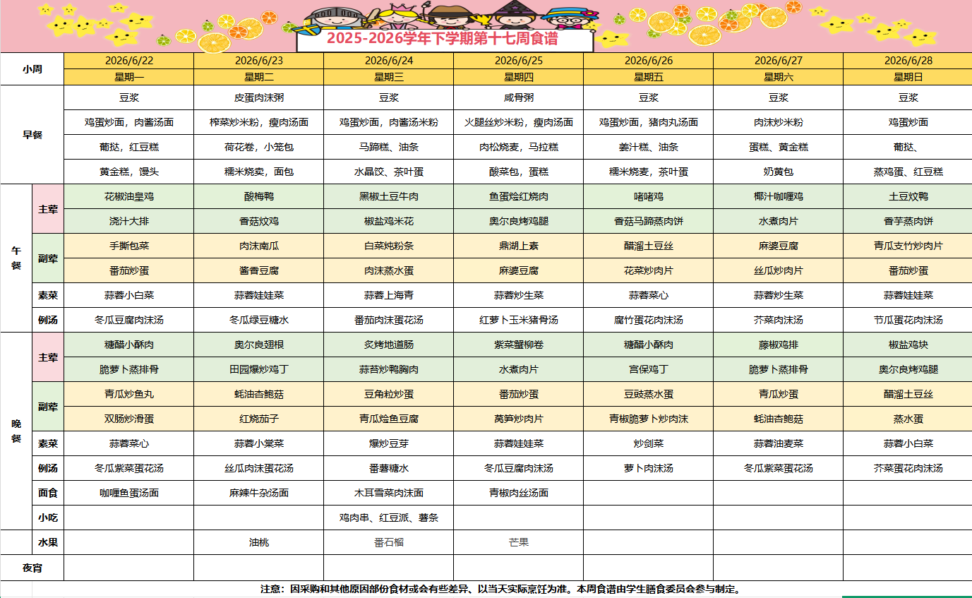 2025-2026学年下学期第十七周食谱