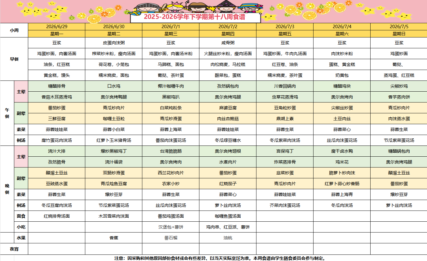 2025-2026学年下学期第十八周食谱