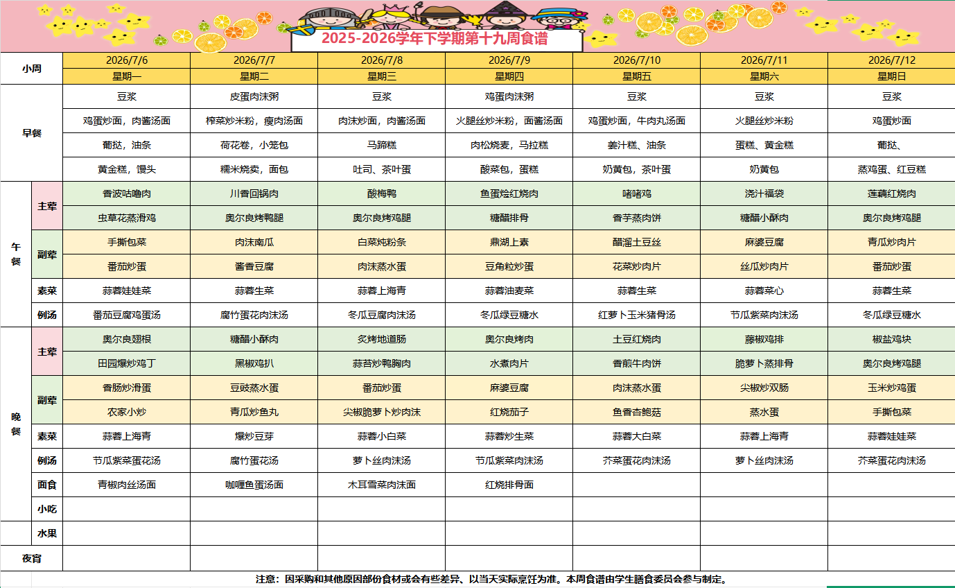 2025-2026学年下学期第十九周食谱