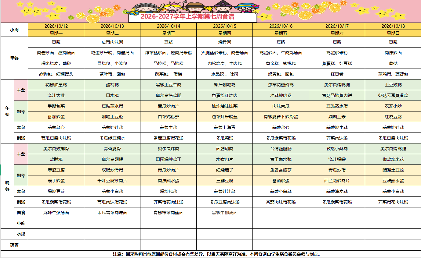 2026-2027学年上学期第七周食谱