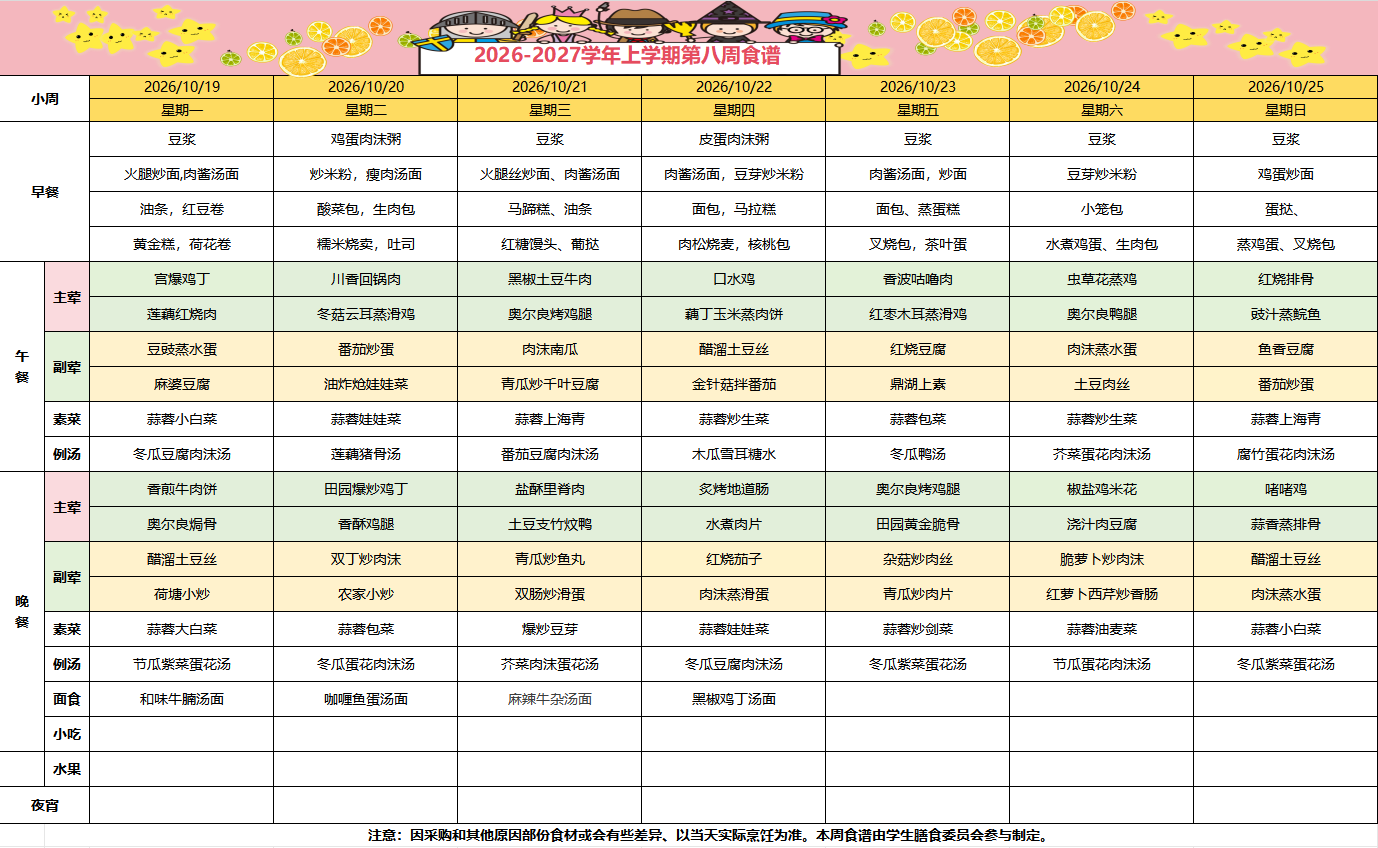 2026-2027学年上学期第八周食谱
